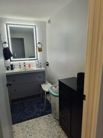 a bathroom with a sink and a mirror