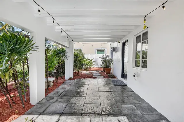 a view of a garden with a fountain