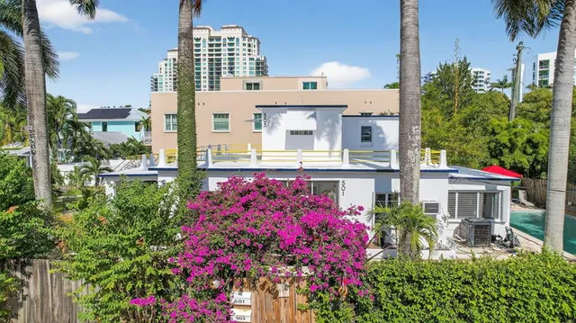 a city view with tall buildings