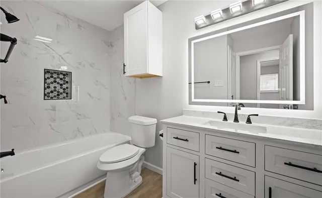 a bathroom with a toilet a sink a mirror a bathtub and vanity