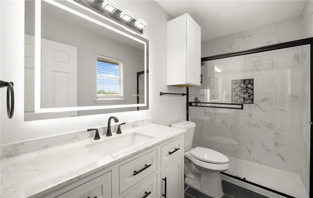 a bathroom with a granite countertop sink a toilet and a mirror