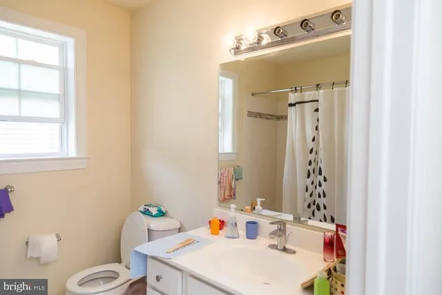 a bathroom with a sink toilet and mirror