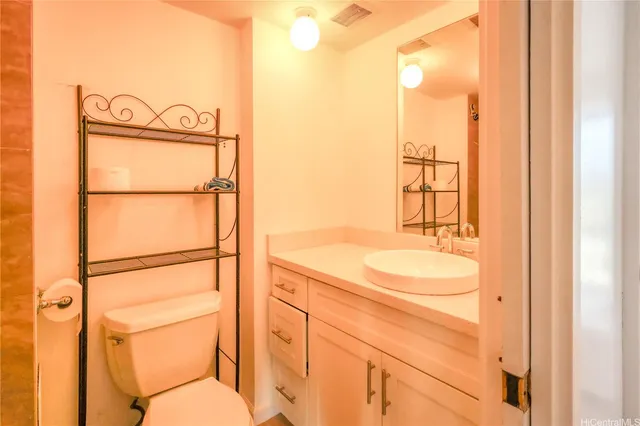 a bathroom with a toilet sink vanity and mirror