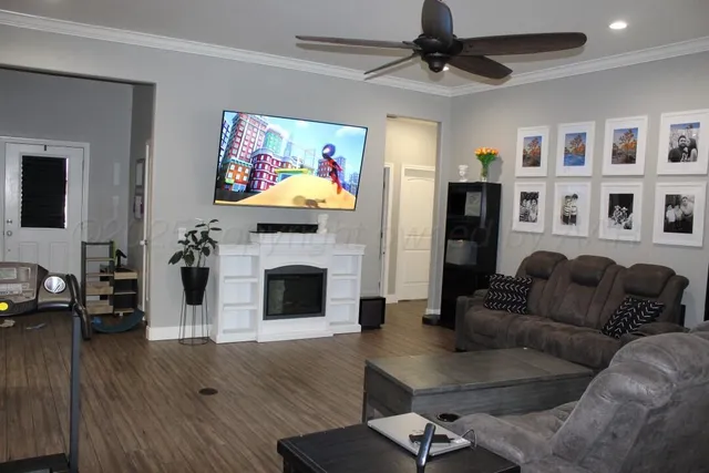 a living room with furniture a fireplace and a flat screen tv