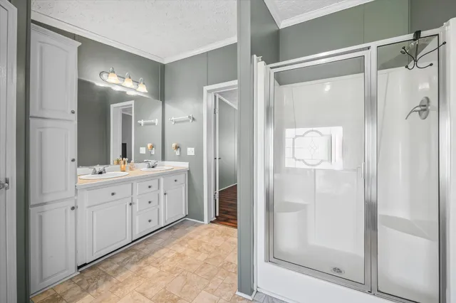 a bathroom with a double vanity sink mirror and shower