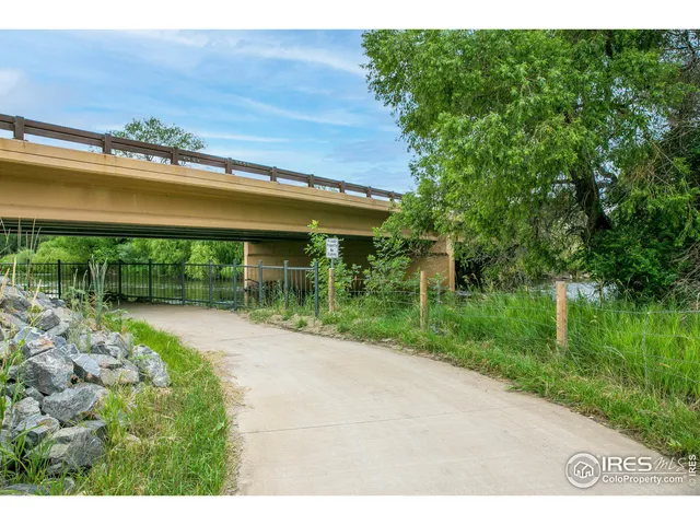 a view of a garden with a table and chairs under an umbrella