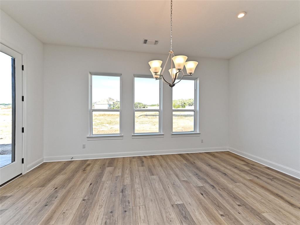 270 Prairie Clover Drive Dripping Springs, TX 78620 - Photo 9 of 28 Empty room featuring suspended lighting, light wood-style flooring, and plenty of natural light