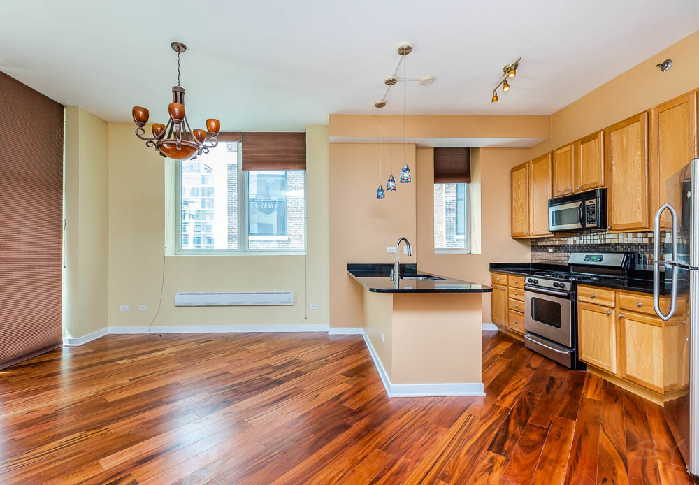 1600 South Indiana Avenue, Unit 501 Chicago, IL 60616 - Photo 6 of 29 a kitchen with granite countertop wooden floors stainless steel appliances a sink and a window