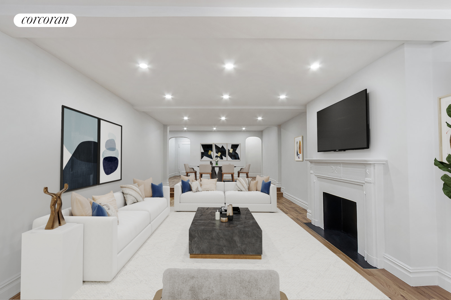 a living room with fireplace furniture and a flat screen tv