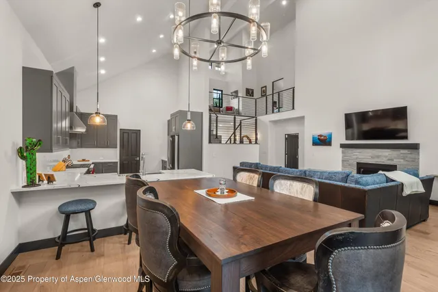 a view of a dining room with furniture