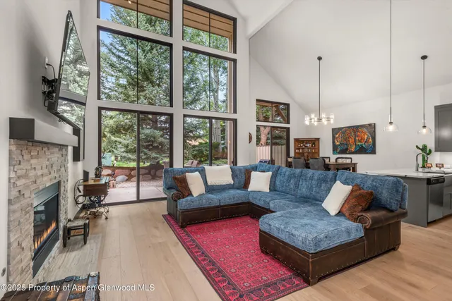 a living room with fireplace furniture and a floor to ceiling window