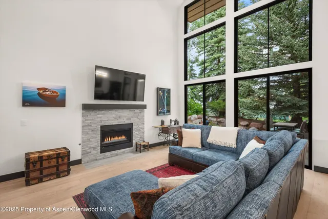 a living room with furniture a fireplace and a flat screen tv