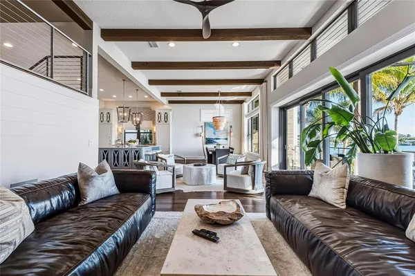 a living room with furniture and a potted plant