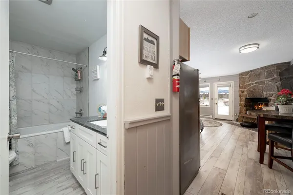 a bathroom with a sink a mirror and a shower