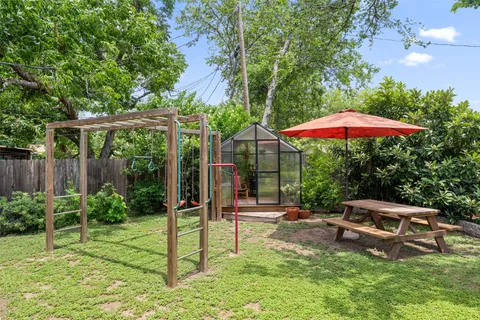 a garden view with a seating space