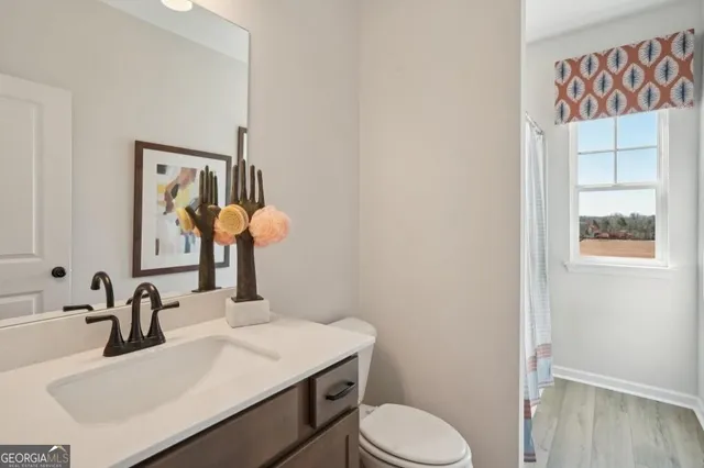 a bathroom with a sink vanity and toilet