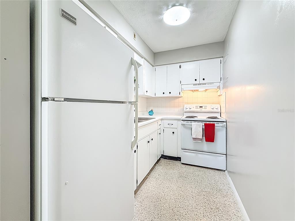 250 Rosery Road Northwest, Unit 283 Largo, FL 33770 - Photo 9 of 23 a view of a kitchen with refrigerator and white cabinets