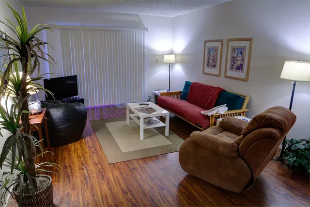 a living room with furniture a lamp and a flat screen tv