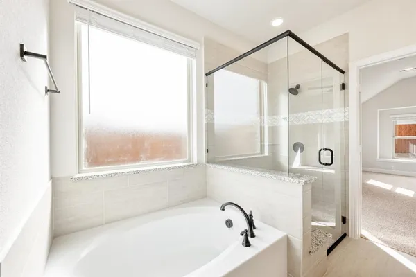 a bathroom with a bathtub and a shower