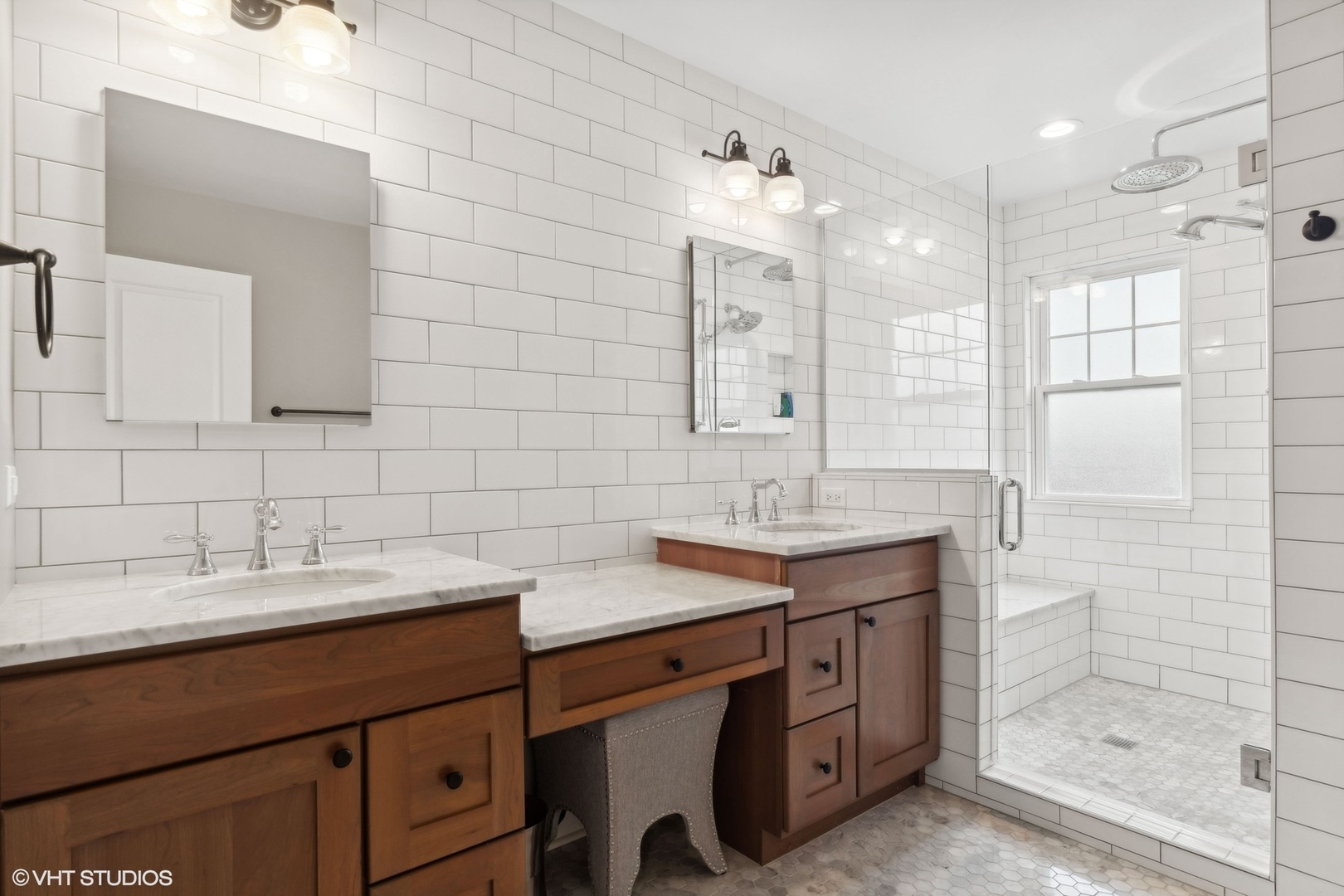 87 Ridge Road Highland Park, IL 60035 - Photo 15 of 27 a bathroom with a sink double vanity and a shower