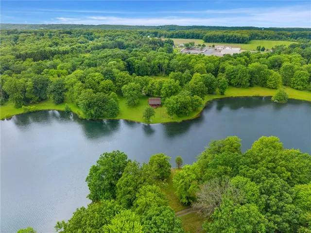 an aerial view of a houses with a lake view