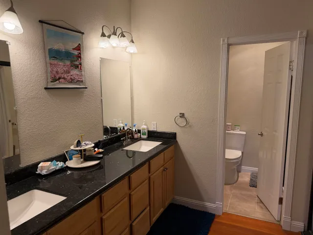a bathroom with a sink a toilet and mirror