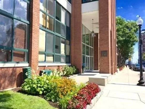 a view of a building with a garden
