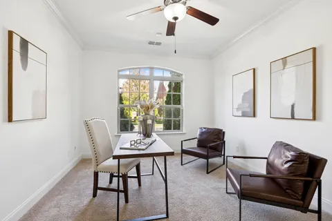 a living room with furniture and a potted plant