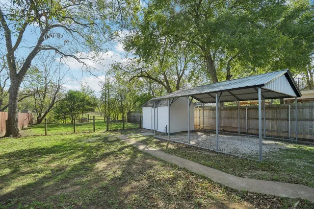 a view of a backyard with a tree