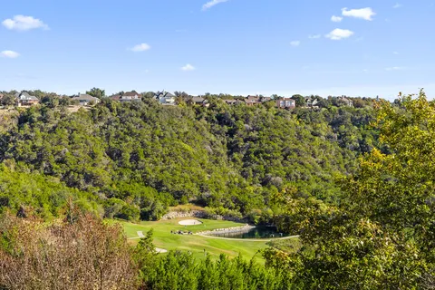 a view of a green field with lots of bushes