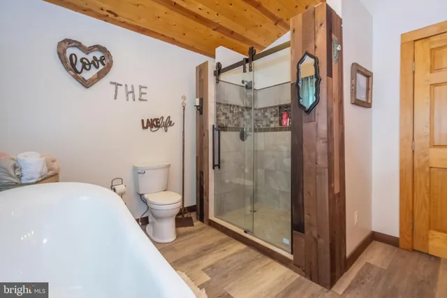 a bathroom with a shower and toilet
