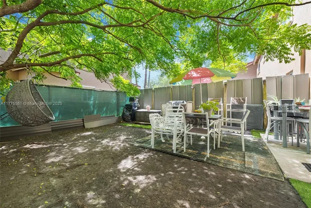 a view of a chairs and table in backyard of the house