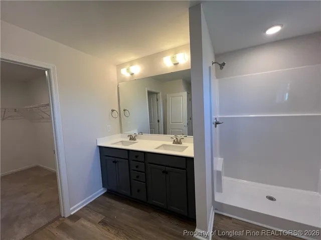 a bathroom with a shower sink and mirror