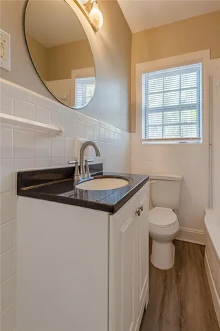 a bathroom with a toilet a sink and mirror