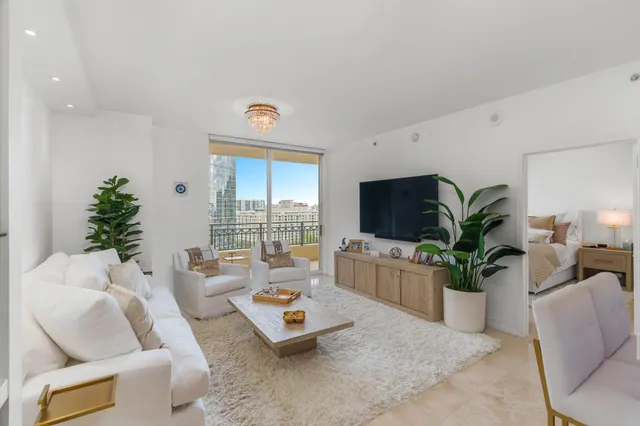 a living room with furniture potted plant and a window