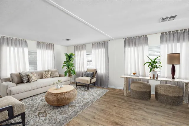 a living room with furniture and a potted plant