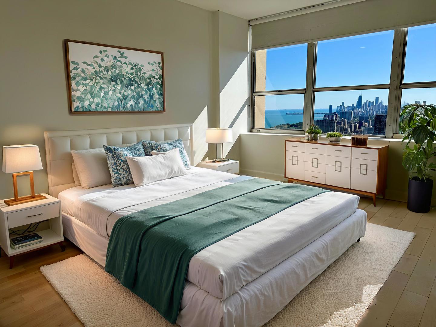 655 West Irving Park Road, Unit 5513 Chicago, IL 60613 - Photo 10 of 17 a bedroom with a large bed and a large window