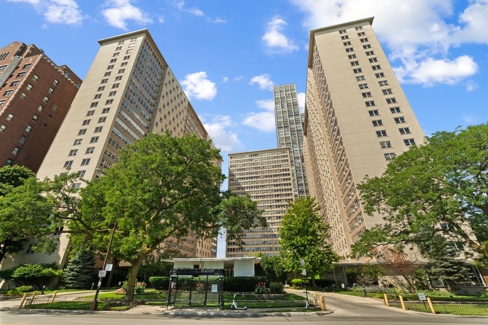 a view of a city with tall buildings