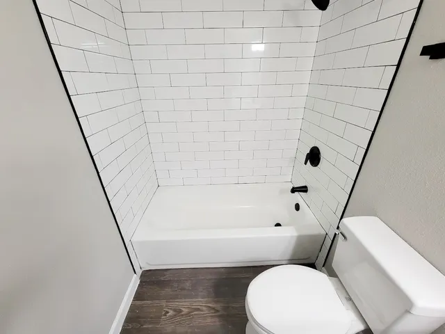 a bathroom with a toilet and a bathtub