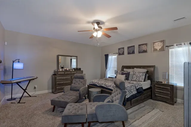 a bedroom with furniture and a ceiling fan