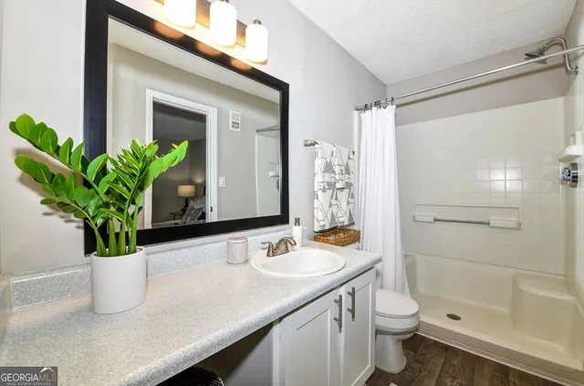 a bathroom with a granite countertop sink a toilet and a mirror