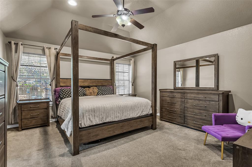 226 King George Road Ponder, TX 76259 - Photo 26 of 39 Bedroom featuring carpet, a ceiling fan, lofted ceiling, and recessed lighting