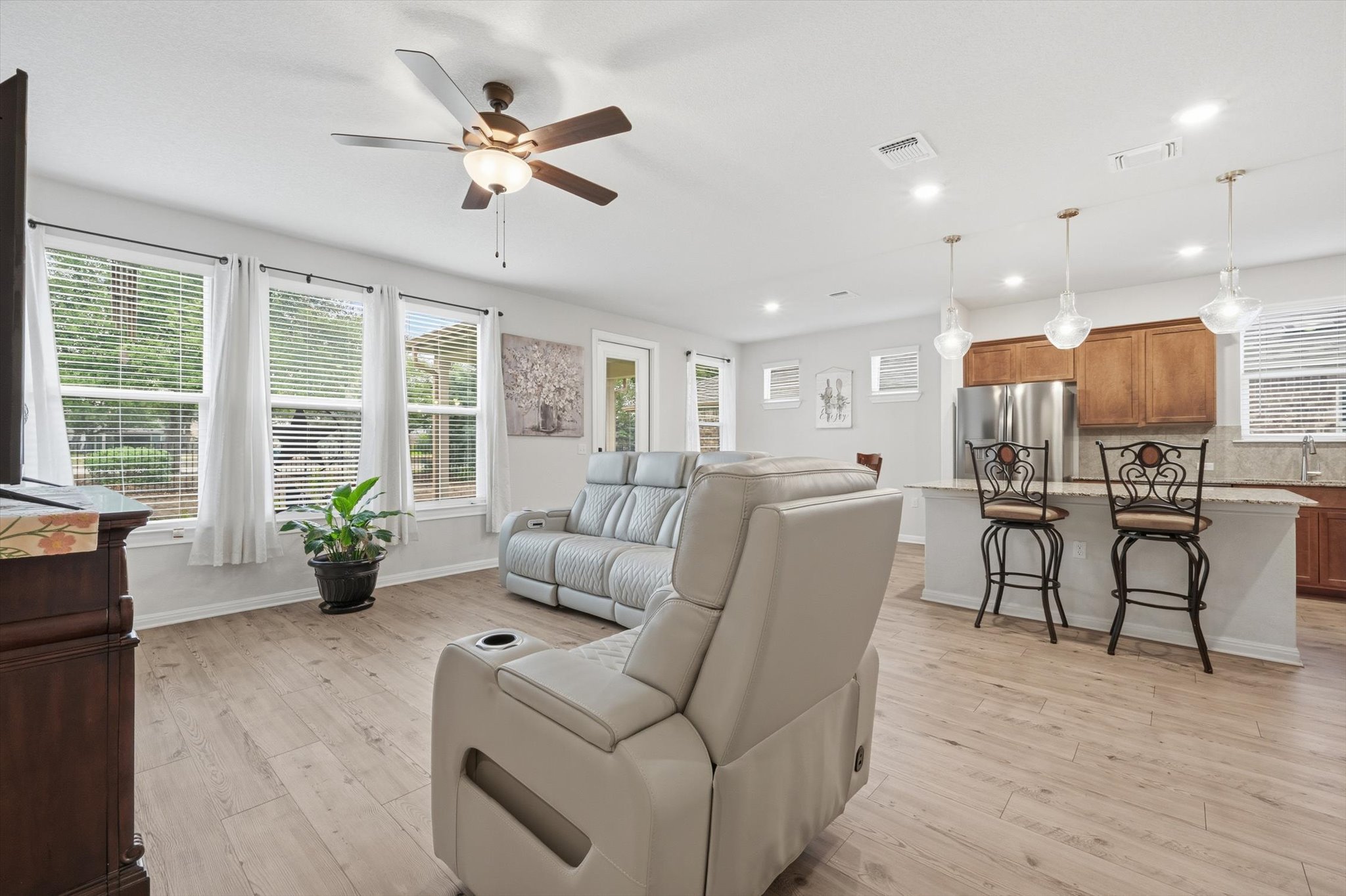 113 Lafayette Street Georgetown, TX 78633 - Photo 22 of 39 Open-concept living space featuring wood-finish flooring, recessed lighting, and a ceiling fan