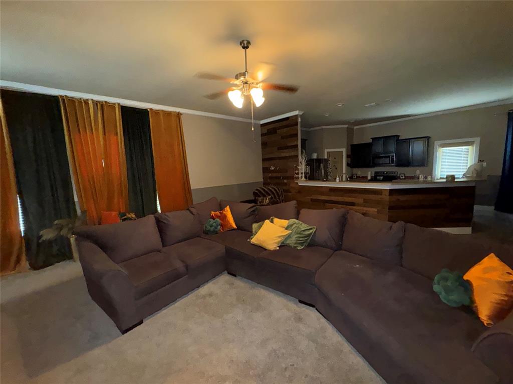 104 Anthony Lane Red Oak, TX 75154 - Photo 6 of 16 Living room with ornamental molding, a ceiling fan, and carpet floors
