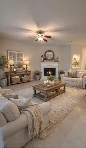 a living room with furniture and a fireplace