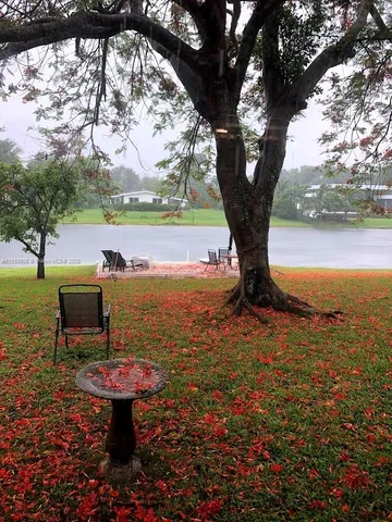 a view of a lake with a yard