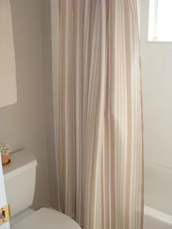 a bathroom with a toilet a sink and curtain