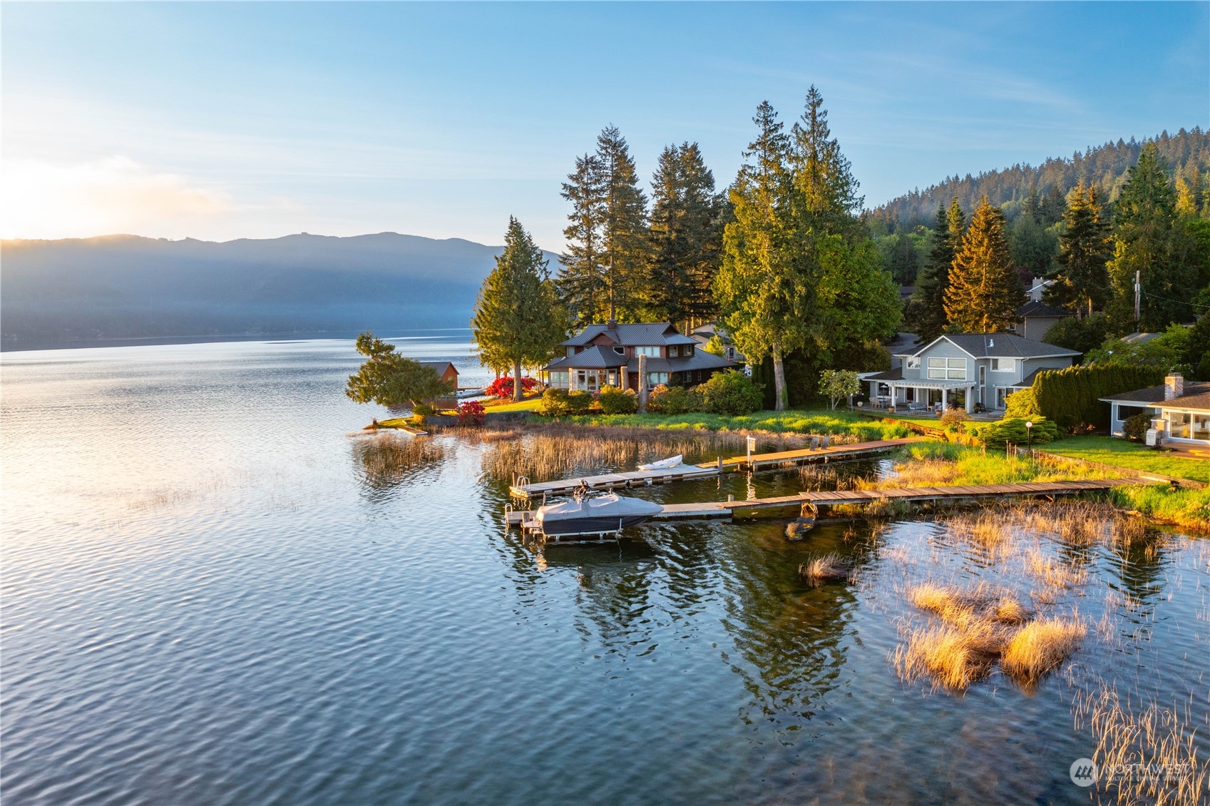 a view of a lake with houses