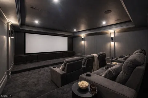 a media room with lots of chairs and a projector screen