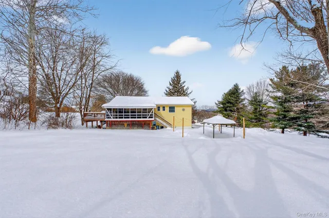 a view of a covered with snow in the background